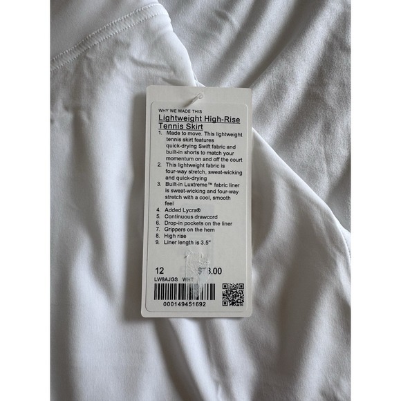 New Lululemon Lightweight High-Rise Tennis Skirt Size 12 White LW8AJGS Skort NWT - Picture 3 of 14